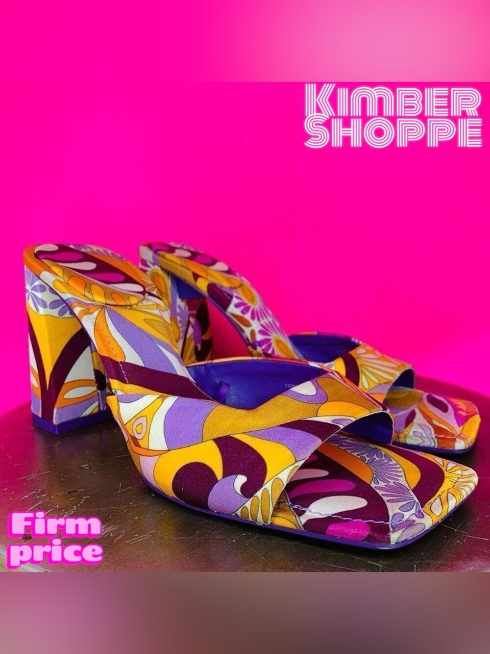 Zara Orange Purple Swirly Retro Print Slip-On Heeled Sandals US 6.5